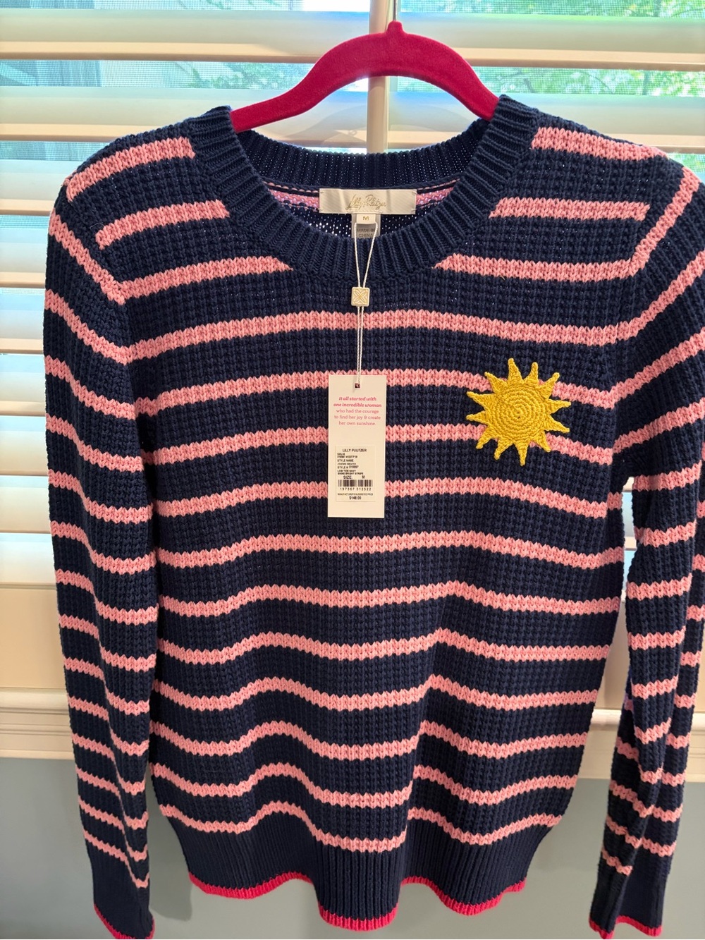 Lilly Pulitzer Navy and Pink Striped Crewneck Sweater with Yellow Sun Accent